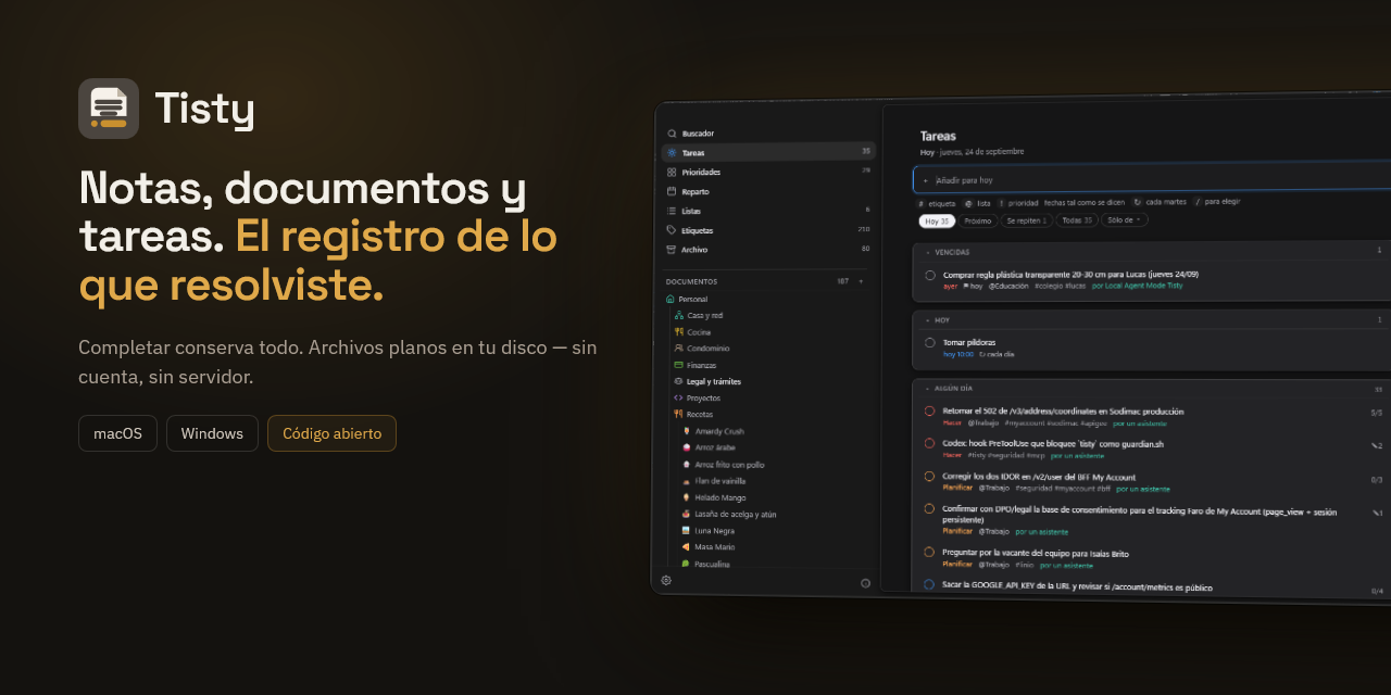 Tisty: las tareas de hoy junto al árbol de documentos