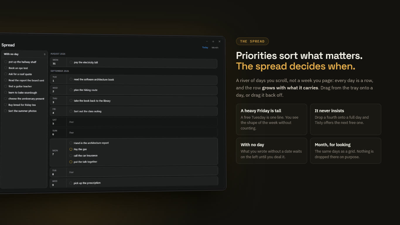 The spread: days as rows you deal work onto